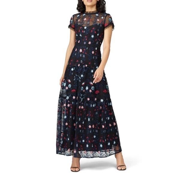 New Monique Lhuillier Embroidered Floral Lace Maxi Gown Dress Size 4